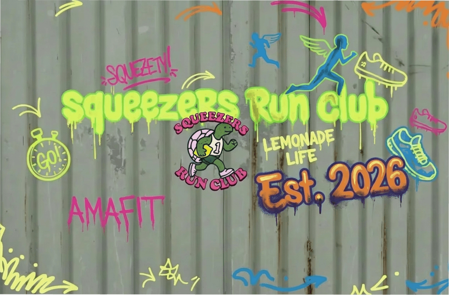 Squeezers Run Club graffiti — lemonade life, est. 2026