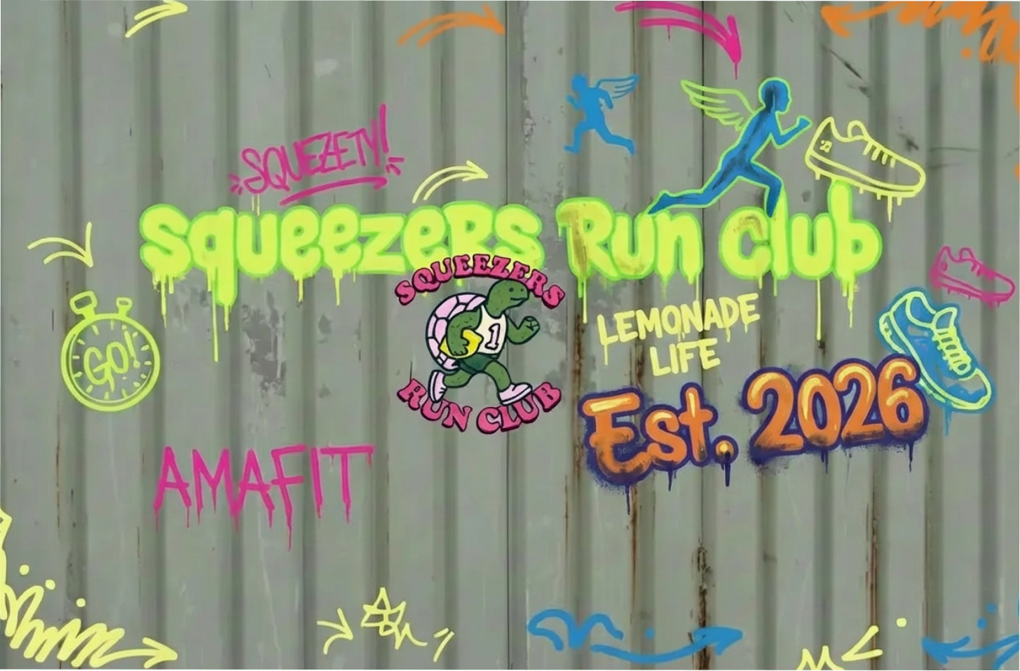 Squeezers Run Club graffiti poster — lemonade life, est. 2026